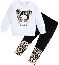 Girl Clothes Figure Graphic Drop Shoulder Top Pullover Leopard Print Pants Fall Winter Outfit Set