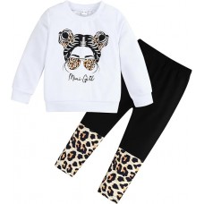 Girl Clothes Figure Graphic Drop Shoulder Top Pullover Leopard Print Pants Fall Winter Outfit Set