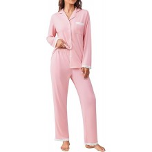 Womens Pajamas Set Long Sleeve Sleepwear Button Down Lounge Set 2 Pieces Soft Nightwear Lace Pjs Set