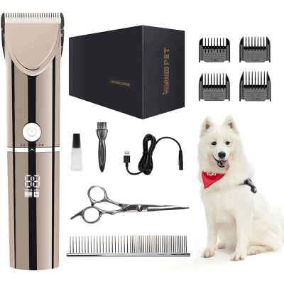 Cordless Rechargeable Dog & Cat Grooming Clipper Kit, Low Noise Pet Hair Trimmer with Ceramic Blade, Adjustable Length, Includes Cleaning Brush – For Small & Medium Pets